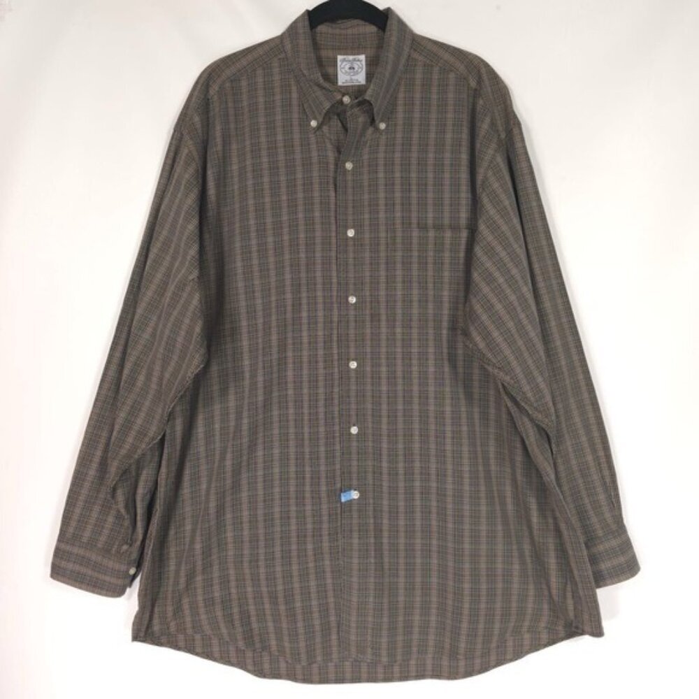 Brooks Brothers Sport Shirt Men's LARGE All Cotton Plaid Brown Button Down